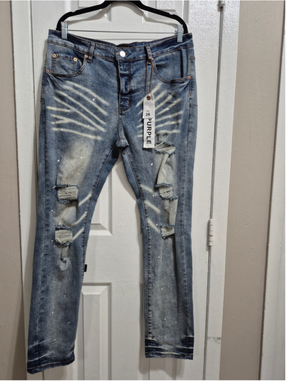 Men's Purple Brand Distressed Straight Jeans, Blue/White, Size 36